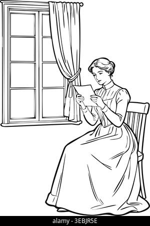 Femme victorienne assise par une fenêtre lisant une lettre, illustration historique d'art au trait d'une dame dans une longue robe Illustration de Vecteur