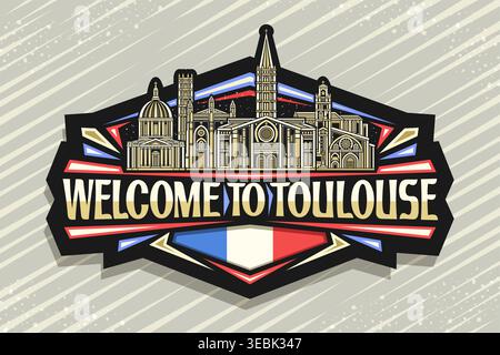 Logo vectoriel pour Toulouse, étiquette décorative sombre avec illustration détaillée du célèbre paysage de la ville de toulouse sur fond de ciel du soir, design d'art R Illustration de Vecteur