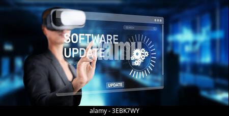Un professionnel s'engage avec une interface de mise à jour logicielle numérique grâce à la technologie de réalité virtuelle, mettant en évidence les affaires modernes Banque D'Images