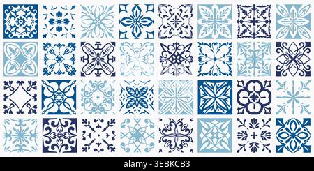 Carreaux de céramique méditerranéens avec des motifs bleus complexes et des ornements floraux. Conception de mosaïque azulejo portugaise pour les murs décoratifs, les sols et Illustration de Vecteur