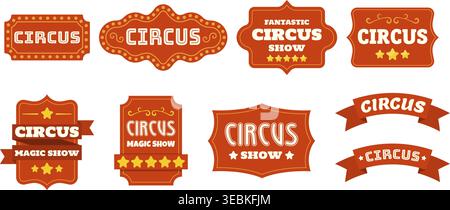 Collection de badges de cirque rétro, bannières et modèles d'étiquettes dans le style vectoriel plat. Signes de carnaval orange vif avec cadres décoratifs, étoiles et Ty Illustration de Vecteur