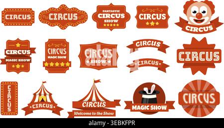 Collection de badges de cirque rétro, étiquettes et bannières avec typographie de carnaval, visage de clown et grands éléments de tente haut dans le style vectoriel plat. Rouge vif Illustration de Vecteur
