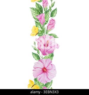 Fleurs d'hibiscus roses dans une belle bordure verticale sans couture à l'aquarelle. Plante à fleurs tropicales dessinée à la main pour des motifs floraux. Dessin détaillé réaliste Banque D'Images