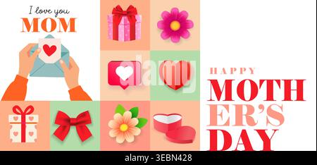 Joyeuses fêtes des mères, design artistique créatif avec Holiday Elements. Je t'aime MAMAN, des motifs avec des cadeaux, des coeurs et des fleurs. Illustration vectorielle Illustration de Vecteur