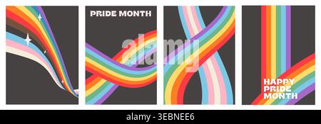 Ensemble d'affiches Queer Pride Month avec arc-en-ciel rétro et drapeau trans. Imprimé d'art mural LGBTQ à la mode, bannière d'histoire de médias sociaux esthétiques Y2K. Minimaliste Illustration de Vecteur