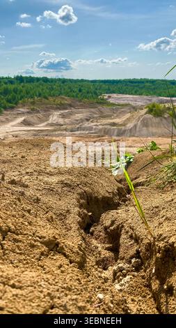 Une zone sablonneuse montre une tranchée profonde menant dans le sol dans le fond des collines émergent sous un ciel bleu clair les plantes vertes poussent près de la tranchée indic Banque D'Images