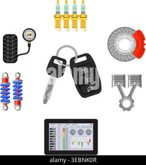 Concept de service et d'entretien de voiture avec des icônes plates. Mécanicien tenant la tablette PC en main, et effectue des diagnostics. illustration vectorielle isolée. Illustration de Vecteur