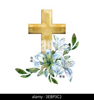 Aquarelle illustration dessinée à la main d'une croix dorée simple avec un bouquet floral. La composition comporte des lis blancs et bleus avec des feuilles vertes Banque D'Images