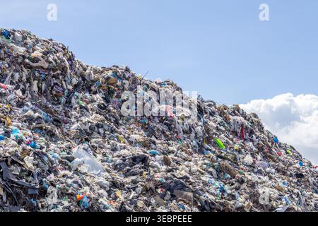 Un grand site d'enfouissement montre des tas d'ordures, y compris des plastiques, des textiles et d'autres déchets sous un ciel bleu clair avec des nuages à proximité pendant la journée. Banque D'Images