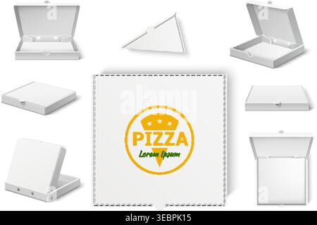 Maquette réaliste de boîte à pizza. Emballage blanc pur. Modèles 3D de paquets ouverts et fermés. Pack de commande de pizzeria pour le branding. Paquets de fastfood. Carton Illustration de Vecteur