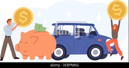 Un homme et une femme économisent de l'argent dans une tirelire pour acheter une voiture. Achat d'une automobile. Un jeune couple transporte et met des pièces d'or dans une boîte à monnaie. Financier Illustration de Vecteur