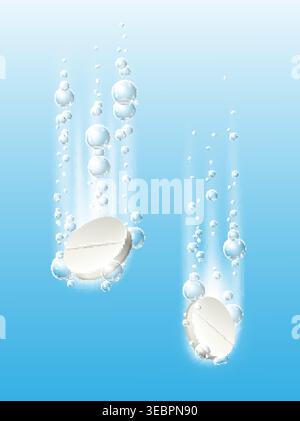 Comprimés effervescents et solubles dans l'eau. Gélules réalistes dans l'eau. Bulles d'air. Réaction de décomposition. Remède médical. Pilule sur ordonnance. Pétillant Illustration de Vecteur
