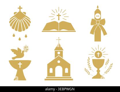 ensemble doré d'icônes liées au baptême : police baptismale, coquille, bougie, calice, église et illustration vectorielle biblique Illustration de Vecteur