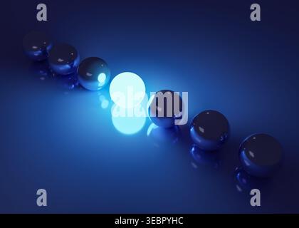 Concept de leadership abstrait avec un seul orbe lumineux parmi les sphères réfléchissantes sombres sur fond bleu Banque D'Images