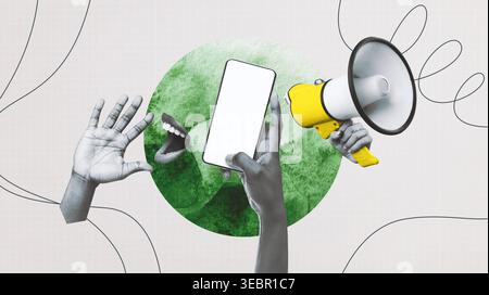 Collage créatif montrant des mains tenant un smartphone et un mégaphone avec des éléments expressifs Banque D'Images