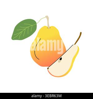 Fruit de poire jaune entier et demi illustration vectorielle isolée à plat Illustration de Vecteur