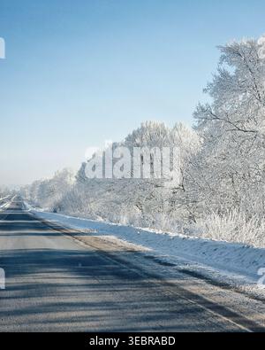 Route d'hiver avec des arbres givrés sous un ciel bleu clair. Route avec une ligne d'arbres fortement couverte de givre blanc. Banque D'Images