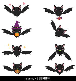 Ensemble de personnages de chauve-souris kawaii mignons dans différentes poses et thèmes d'Halloween, y compris la citrouille, les bonbons, la potion et l'amour. Parfait pour les autocollants, les enfants desig Illustration de Vecteur