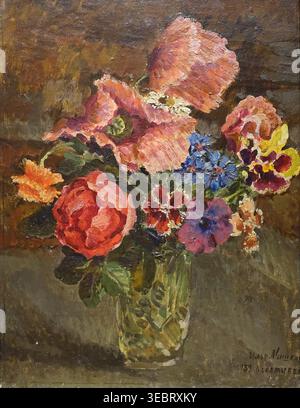 Coquelicots, Rose, Cornflower et autres fleurs dans un vase en verre. 1939. Mashkov Ilya Ivanovitch (1881-1944). Huile sur toile. Volgograd Mashkov Musée des beaux-arts Banque D'Images