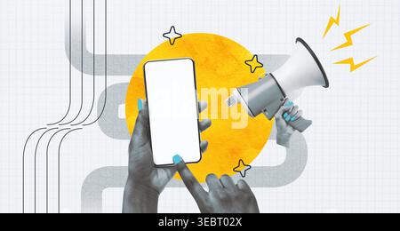 Collage créatif montrant des mains tenant un smartphone et un mégaphone avec des éléments de design Banque D'Images