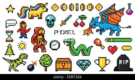 éléments d'arcade 8 bits ou pixels pour jeu vintage des années 90. Serpent, dragons licornes et dinosaures. Stars et autres éléments ux de l'interface utilisateur. Conception propre pour ordinateur Illustration de Vecteur