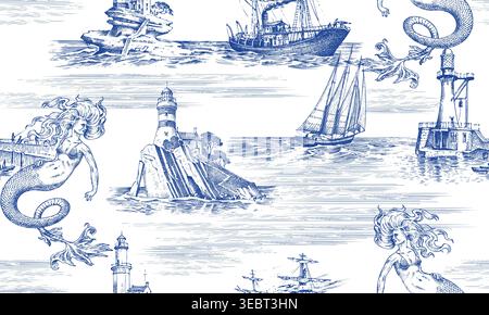 Nautique toile de Jouy modèle sans couture avec sirène et phares sur un rocher et l'océan avec des navires et des voiliers. parfait pour le textile et le papier peint Illustration de Vecteur