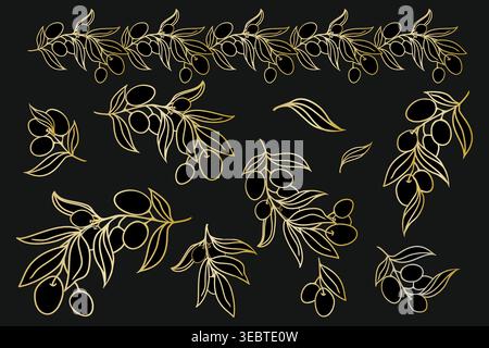 Ensemble vecteur de luxe de branches d'olivier avec l'art de ligne de gradient doré sur fond noir. Élément botanique élégant pour logo, menu et design haut de gamme. Illustration de Vecteur