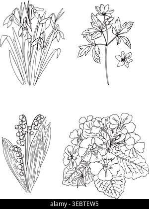 Croquis de fleurs. Dessin de lignes vectorielles de fleurs. Dessiné par une ligne noire sur fond blanc. Illustration de Vecteur