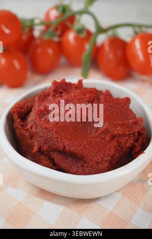 Bol de pâte de tomate avec des tomates fraîches à proximité Banque D'Images