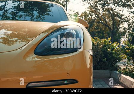 Vue rapprochée d'une voiture de sport jaune vif garée au milieu d'une végétation luxuriante par une journée ensoleillée Banque D'Images