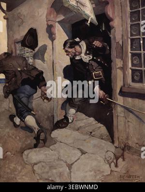 Capitaine Bill Bones combattant un pirate, balançant un cutlass et chassant un adversaire de la porte de l'Admiral Benbow inn lors d'une confrontation violente. Illustré par Newell Convers Wyeth, Orr, Monro S., George variant ; extrait de L'île au trésor par Stevenson, Robert Louis, 1850-1894, traduit en français Déodat Serval publié en 1883 Banque D'Images
