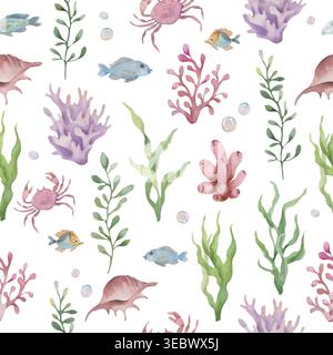 Aquarelle motif de vie marine sans couture avec des tortues de mer, des crabes, des poissons, des coquillages et des éléments de récif corallien sur blanc. Illustration dessinée à la main. Vecteur EPS. Illustration de Vecteur