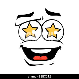 Visage de dessin animé avec les yeux d'étoile et la bouche souriante ouverte, exprimant l'admiration, l'excitation, l'étonnement et l'enthousiasme. Vecteur drôle d'émotion wow, emoji et expression visage pour la réaction de communication émoticône Illustration de Vecteur