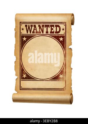 Vintage Wanted affiche parchemin avec bordure occidentale décorative isolé sur fond blanc Banque D'Images