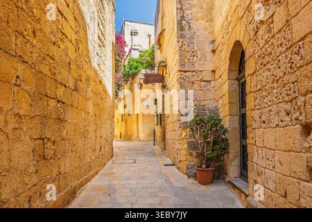 Mdina, Malte. Rue dans la ville médiévale fortifiée. Banque D'Images