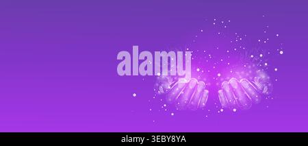 Deux mains humaines. Les petites mains polyfilaires luminescentes. Conception sur fond violet. Illustration vectorielle futuriste abstraite Illustration de Vecteur