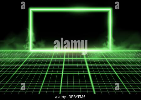 Grille de perspective filaire avec cadre au néon lumineux vert. Fond rétro abstrait. Illustration vectorielle. Illustration de Vecteur