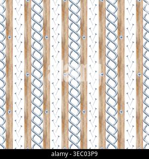 Modèle sans couture de panneaux en bois verticaux, de clous et de clés de meubles sur un fond isolé. Illustration aquarelle avec des outils de travail pour la maison Banque D'Images