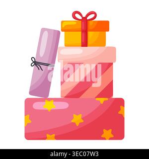 Illustration vectorielle de dessin animé d'une pile de trois boîtes cadeaux colorées avec des arcs et un rouleau, en rose, orange et rouge avec des étoiles motif, isolé sur wh Illustration de Vecteur