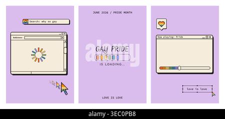 Ensemble de bannières verticales rétro avec interface informatique des années 90 et pixel art pour le mois de la fierté. Fenêtre de navigateur vintage et barre de chargement avec des couleurs arc-en-ciel fo Illustration de Vecteur