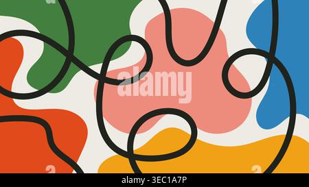 Fond coloré de doodle heureux avec des blobs liquides, des lignes courbes et des formes organiques sur fond beige. Design minimaliste avec des formes de base dessinées à la main Illustration de Vecteur