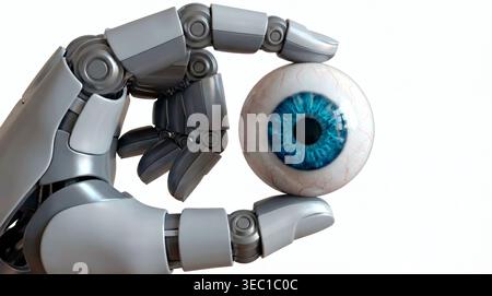 Main de robot tenant un oeil humain Banque D'Images