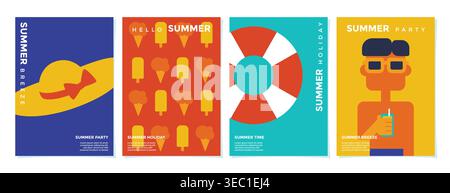 Ensemble de collection d'affiches d'été simple avec des éléments saisonniers colorés, design minimaliste pour carte, flyer, bannière et brochure. Illustration de Vecteur