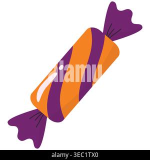 Illustration vectorielle plate de bonbons d'Halloween avec des rayures violettes et orange, conception simple isolée sur fond clair, parfaite pour les fêtes et la saison Illustration de Vecteur