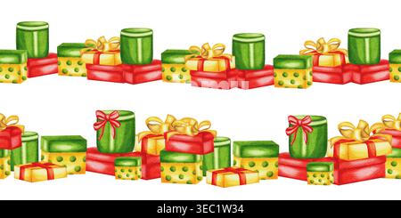 Une bordure festive sans couture de boîtes cadeaux colorées avec des noeuds décoratifs dans les tons de rouge, vert et jaune. Banque D'Images