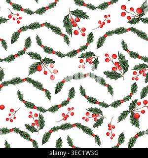 Un motif festif sans couture avec des feuilles de houx vertes luxuriantes et des baies rouges éclatantes. Motif aquarelle de Noël. Banque D'Images