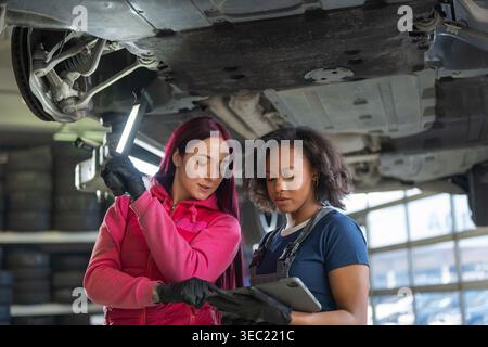 Deux mécaniciens féminins inspectant le train d'atterrissage d'une voiture soulevée sur un ascenseur à l'aide d'une lampe de poche et d'une tablette numérique pour analyser les données. Banque D'Images