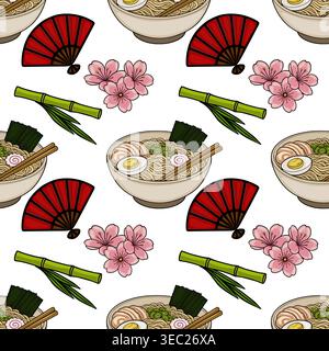 Motif vecteur de nourriture Ramen japonais - délicieuses nouilles, oeuf, porc, algues, bambou, et ventilateurs Illustration de Vecteur