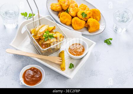 Nuggets de poulet avec quartiers de pommes de terre et trempettes maison Banque D'Images