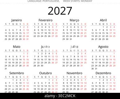 Clean 2027 calendrier annuel portugais pour le Portugal conçu des lignes simples sous les jours de la semaine en format vectoriel Illustration de Vecteur